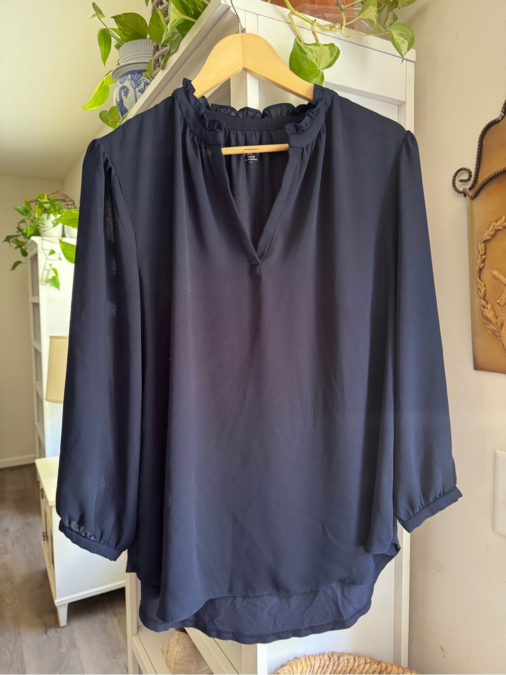 Loft Classic Navy Ruffle-Neck Blouse